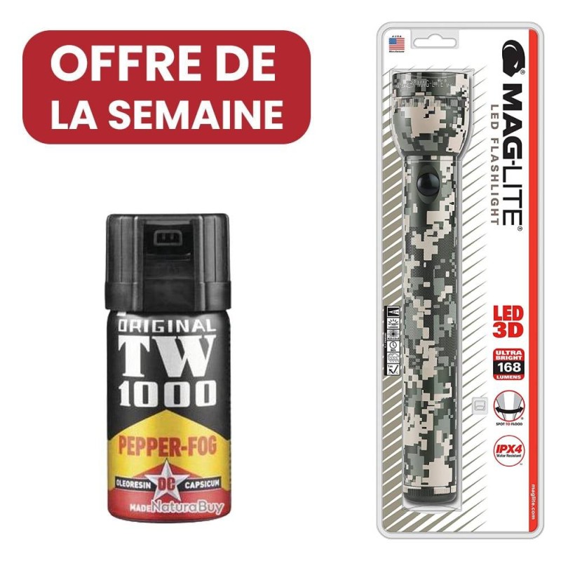FranceOutdoor Lampe LED Maglite ST3D 3 Piles Type D Couleur Camouflage + Aérosol Gaz au Poivre TW 1000 Pepper Fog 40 ml